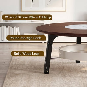 English Elm 35.43 Round Walnut MDF Coffee Table Sintered Stone Inlay Shelf Modern Living Room W6013P538882