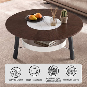 English Elm 35.43 Round Walnut MDF Coffee Table Sintered Stone Inlay Shelf Modern Living Room W6013P538882