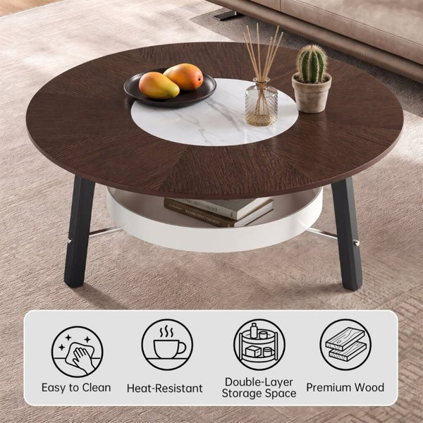 English Elm 35.43 Round Walnut MDF Coffee Table Sintered Stone Inlay Shelf Modern Living Room W6013P538882