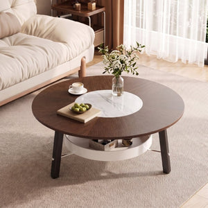 English Elm 35.43 Round Walnut MDF Coffee Table Sintered Stone Inlay Shelf Modern Living Room W6013P538882