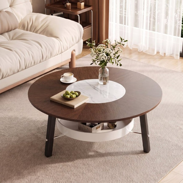 English Elm 35.43 Round Walnut MDF Coffee Table Sintered Stone Inlay Shelf Modern Living Room W6013P538882