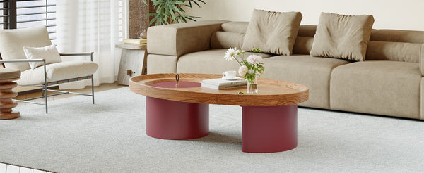 English Elm 45.3 Oval Walnut Coffee Table with Hidden Leg Storage Mid-Century Modern Living Room W6013S00001