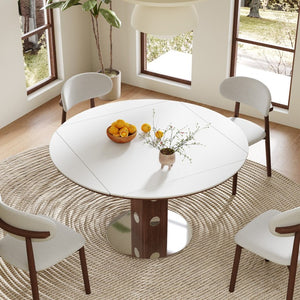 English Elm 47.2 Round Drop Leaf Dining Table Sintered Stone Top Walnut Pedestal Seats Six W6013S00002