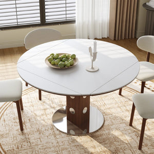 English Elm 47.2 Round Drop Leaf Dining Table Sintered Stone Top Walnut Pedestal Seats Six W6013S00002