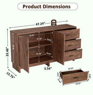 English Elm 47.2 Inch Farmhouse Buffet with Oval Grain Walnut Finish Three Drawers Dining Storage W6013S00003