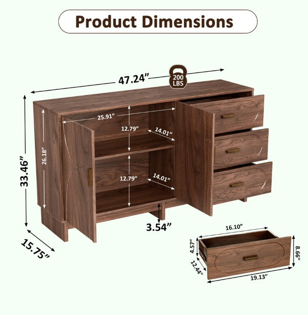 English Elm 47.2 Inch Farmhouse Buffet with Oval Grain Walnut Finish Three Drawers Dining Storage W6013S00003