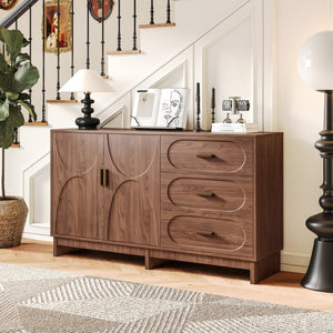English Elm 59.1 Inch Farmhouse Buffet Sideboard Walnut Oval Grain Texture with Drawers Dining Storage W6013S00004
