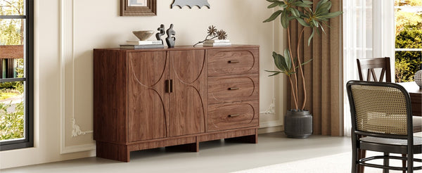 English Elm 59.1 Inch Farmhouse Buffet Sideboard Walnut Oval Grain Texture with Drawers Dining Storage W6013S00004