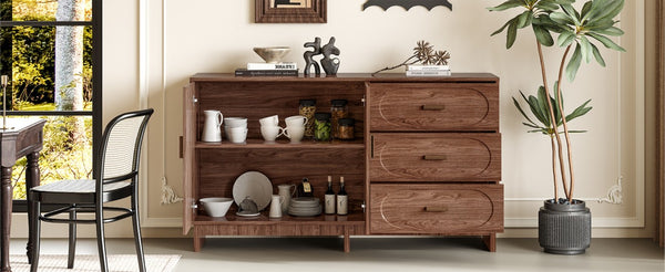 English Elm 59.1 Inch Farmhouse Buffet Sideboard Walnut Oval Grain Texture with Drawers Dining Storage W6013S00004
