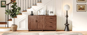 English Elm 59.1 Inch Farmhouse Buffet Sideboard Walnut Oval Grain Texture with Drawers Dining Storage W6013S00004