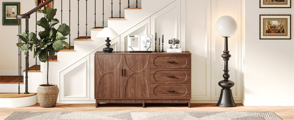 English Elm 59.1 Inch Farmhouse Buffet Sideboard Walnut Oval Grain Texture with Drawers Dining Storage W6013S00004