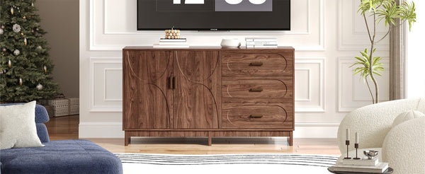 English Elm 59.1 Inch Farmhouse Buffet Sideboard Walnut Oval Grain Texture with Drawers Dining Storage W6013S00004