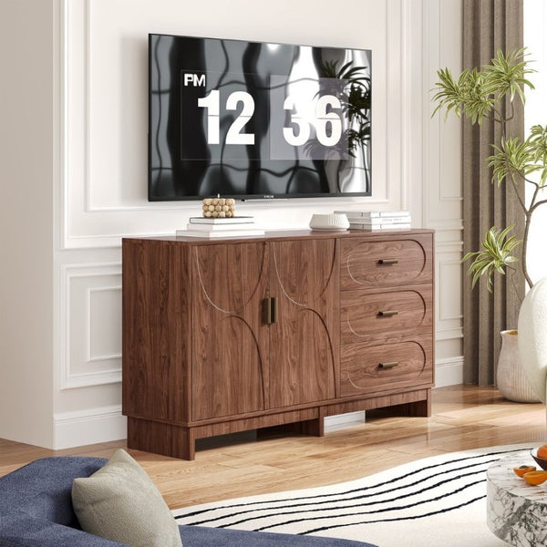 English Elm 59.1 Inch Farmhouse Buffet Sideboard Walnut Oval Grain Texture with Drawers Dining Storage W6013S00004