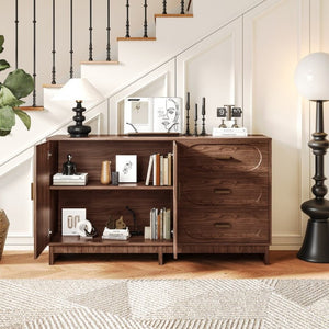 English Elm 59.1 Inch Farmhouse Buffet Sideboard Walnut Oval Grain Texture with Drawers Dining Storage W6013S00004