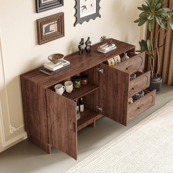 English Elm 59.1 Inch Farmhouse Buffet Sideboard Walnut Oval Grain Texture with Drawers Dining Storage W6013S00004