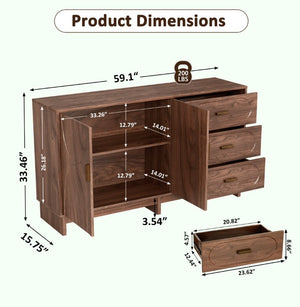 English Elm 59.1 Inch Farmhouse Buffet Sideboard Walnut Oval Grain Texture with Drawers Dining Storage W6013S00004
