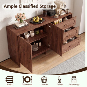 English Elm 59.1 Inch Farmhouse Buffet Sideboard Walnut Oval Grain Texture with Drawers Dining Storage W6013S00004