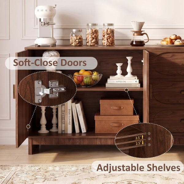 English Elm 59.1 Inch Farmhouse Buffet Sideboard Walnut Oval Grain Texture with Drawers Dining Storage W6013S00004