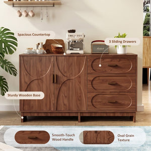 English Elm 59.1 Inch Farmhouse Buffet Sideboard Walnut Oval Grain Texture with Drawers Dining Storage W6013S00004