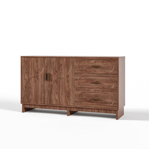 English Elm 59.1 Inch Farmhouse Buffet Sideboard Walnut Oval Grain Texture with Drawers Dining Storage W6013S00004
