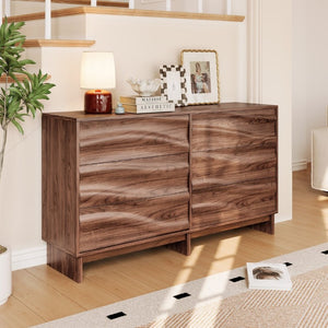 English Elm 59.1 Inch Walnut Buffet Sideboard Six Push Open Drawers Wave Grain Farmhouse Storage W6013S00006