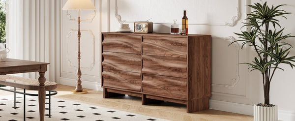 English Elm 59.1 Inch Walnut Buffet Sideboard Six Push Open Drawers Wave Grain Farmhouse Storage W6013S00006