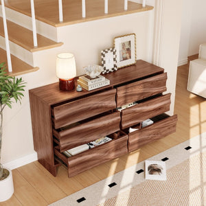 English Elm 59.1 Inch Walnut Buffet Sideboard Six Push Open Drawers Wave Grain Farmhouse Storage W6013S00006
