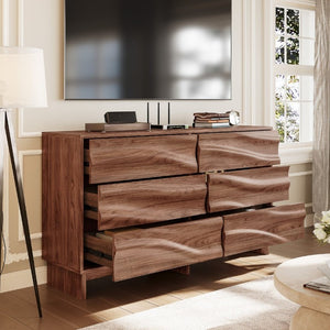 English Elm 59.1 Inch Walnut Buffet Sideboard Six Push Open Drawers Wave Grain Farmhouse Storage W6013S00006