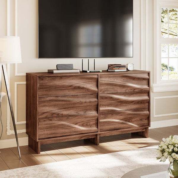 English Elm 59.1 Inch Walnut Buffet Sideboard Six Push Open Drawers Wave Grain Farmhouse Storage W6013S00006