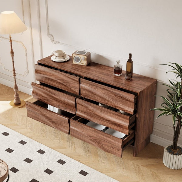 English Elm 59.1 Inch Walnut Buffet Sideboard Six Push Open Drawers Wave Grain Farmhouse Storage W6013S00006