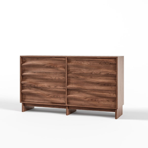 English Elm 59.1 Inch Walnut Buffet Sideboard Six Push Open Drawers Wave Grain Farmhouse Storage W6013S00006