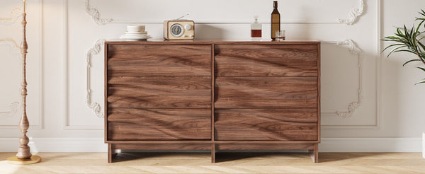 English Elm 59.1 Inch Walnut Buffet Sideboard Six Push Open Drawers Wave Grain Farmhouse Storage W6013S00006