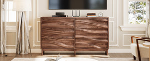 English Elm 59.1 Inch Walnut Buffet Sideboard Six Push Open Drawers Wave Grain Farmhouse Storage W6013S00006