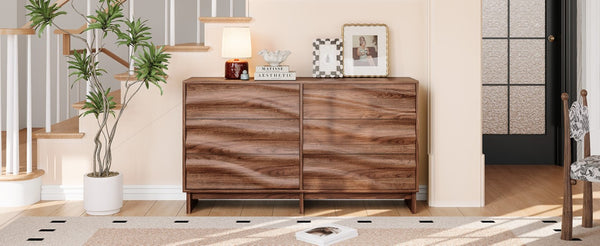 English Elm 59.1 Inch Walnut Buffet Sideboard Six Push Open Drawers Wave Grain Farmhouse Storage W6013S00006