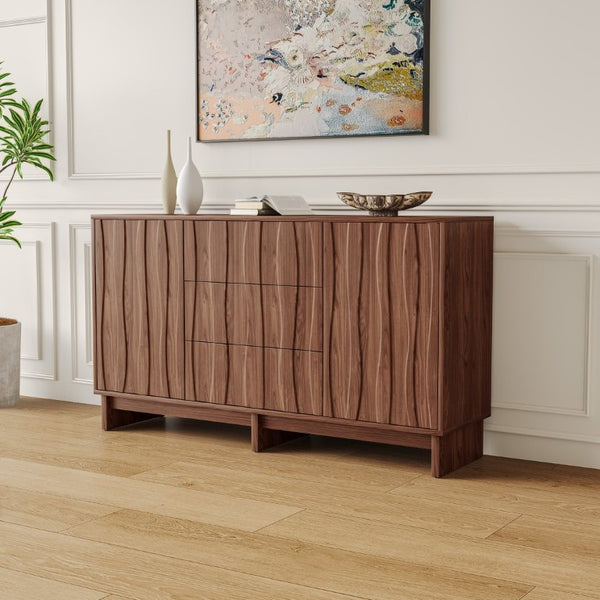 English Elm 59.1 Inch Walnut Farmhouse Buffet Sideboard with Push Open Doors and Three Drawers W6013S00008