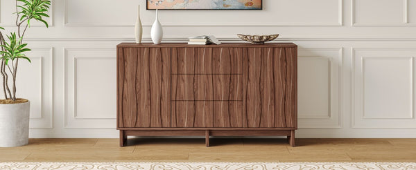 English Elm 59.1 Inch Walnut Farmhouse Buffet Sideboard with Push Open Doors and Three Drawers W6013S00008