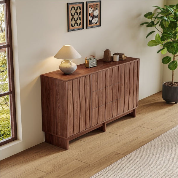 English Elm 59.1 Inch Walnut Farmhouse Buffet Sideboard with Push Open Doors and Three Drawers W6013S00008