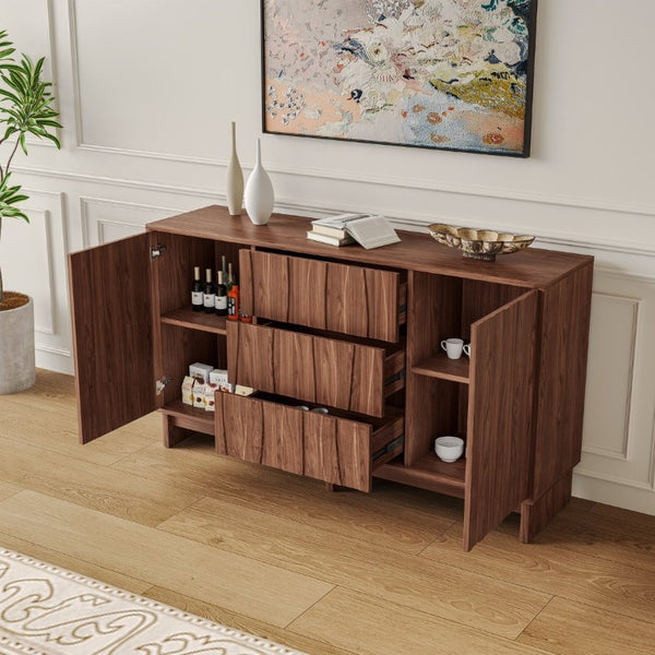 English Elm 59.1 Inch Walnut Farmhouse Buffet Sideboard with Push Open Doors and Three Drawers W6013S00008