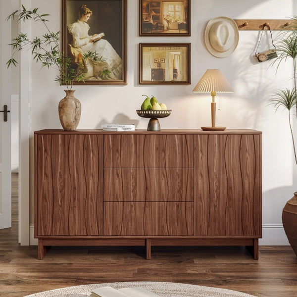 English Elm 59.1 Inch Walnut Farmhouse Buffet Sideboard with Push Open Doors and Three Drawers W6013S00008