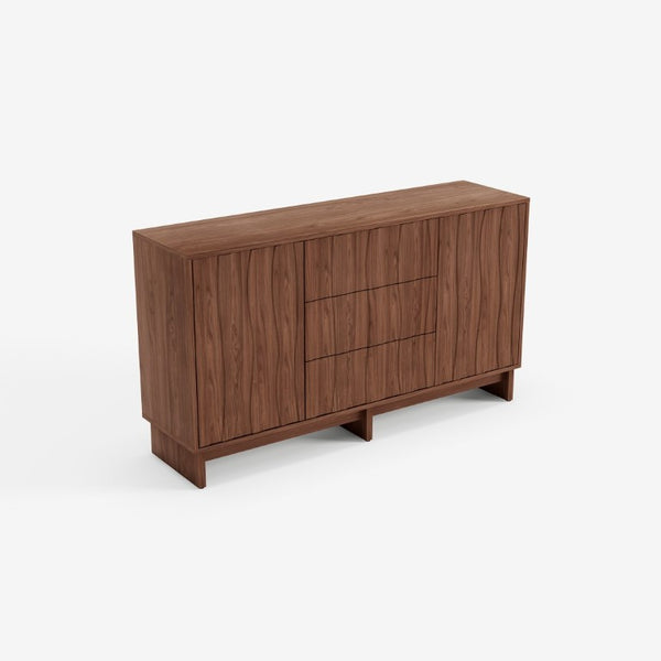 English Elm 59.1 Inch Walnut Farmhouse Buffet Sideboard with Push Open Doors and Three Drawers W6013S00008