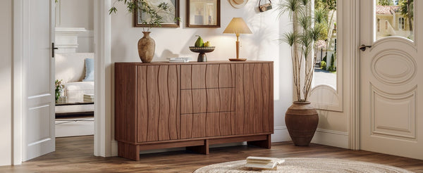 English Elm 59.1 Inch Walnut Farmhouse Buffet Sideboard with Push Open Doors and Three Drawers W6013S00008