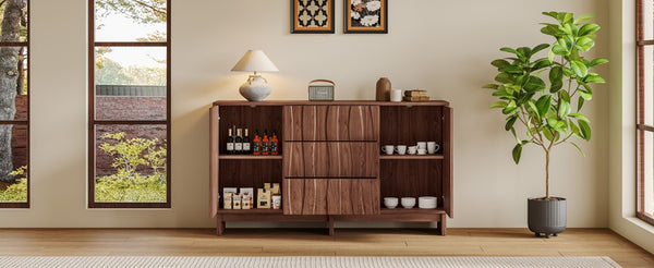 English Elm 59.1 Inch Walnut Farmhouse Buffet Sideboard with Push Open Doors and Three Drawers W6013S00008