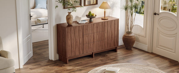 English Elm 59.1 Inch Walnut Farmhouse Buffet Sideboard with Push Open Doors and Three Drawers W6013S00008