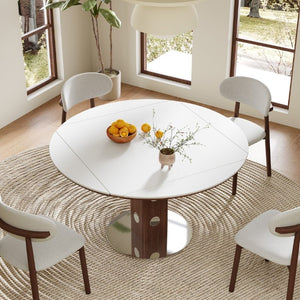 English Elm 47.2 Inch Extendable Round Dining Table Sintered Stone Top Walnut Base Seats Six W6013S00009