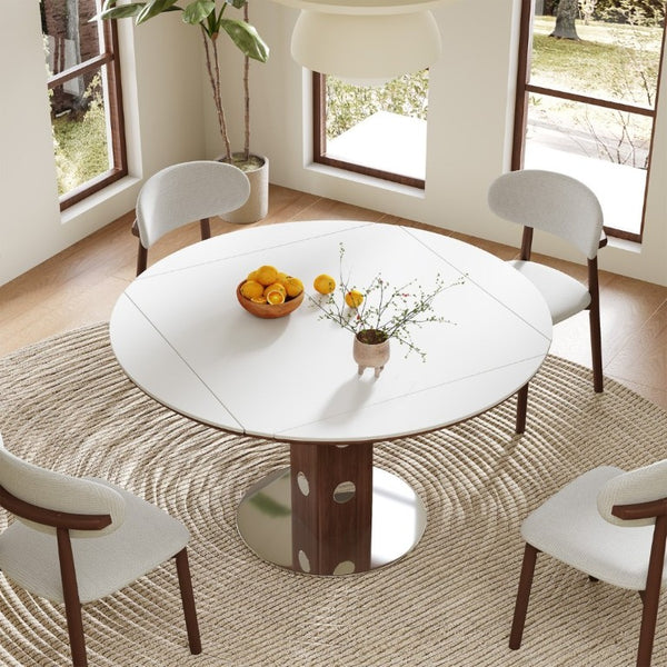 English Elm 47.2 Inch Extendable Round Dining Table Sintered Stone Top Walnut Base Seats Six W6013S00009