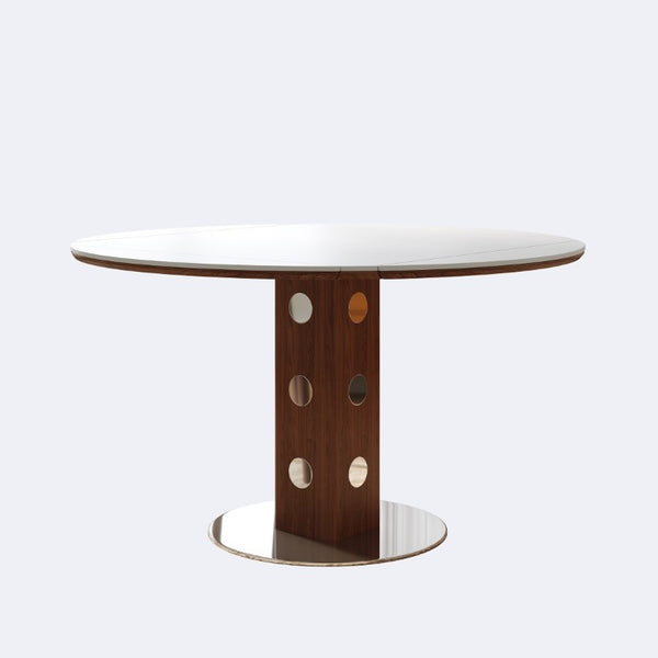 English Elm 47.2 Inch Extendable Round Dining Table Sintered Stone Top Walnut Base Seats Six W6013S00009