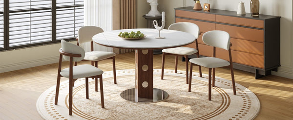 English Elm 47.2 Inch Extendable Round Dining Table Sintered Stone Top Walnut Base Seats Six W6013S00009