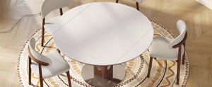 English Elm 47.2 Inch Extendable Round Dining Table Sintered Stone Top Walnut Base Seats Six W6013S00009