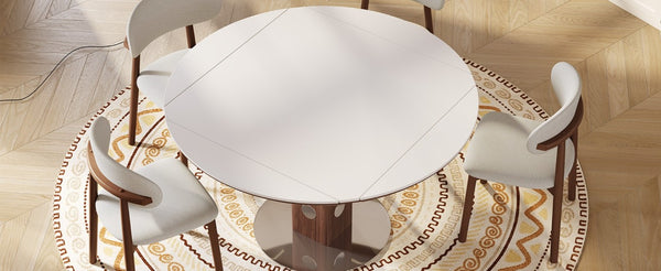 English Elm 47.2 Inch Extendable Round Dining Table Sintered Stone Top Walnut Base Seats Six W6013S00009