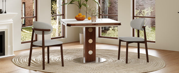 English Elm 47.2 Inch Extendable Round Dining Table Sintered Stone Top Walnut Base Seats Six W6013S00009